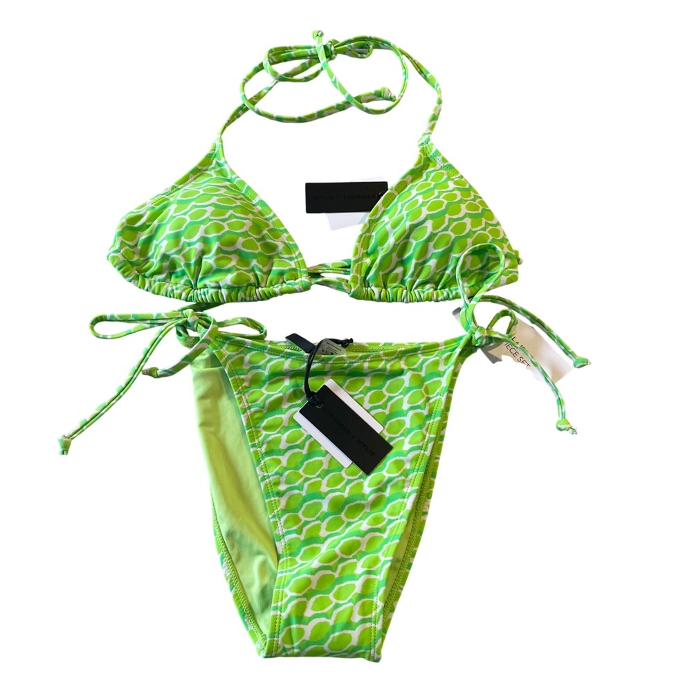 Kendall + Kylie Bikini Set Women XL Kiwi Green Geometric Triangle Side Tie‎ NEW
